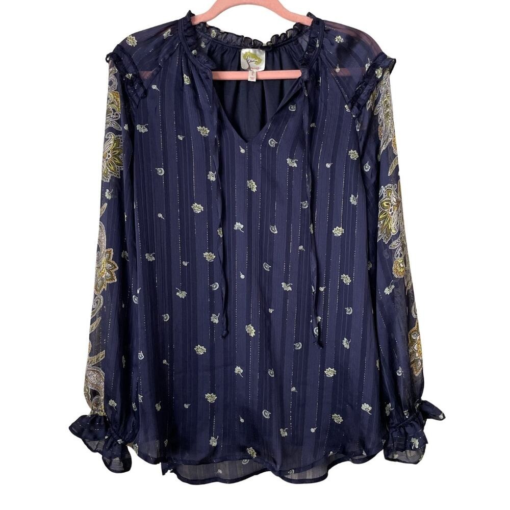 Anthropologie Fig & Flower Top Womens Large Blue Floral Paisley Peasant Boho